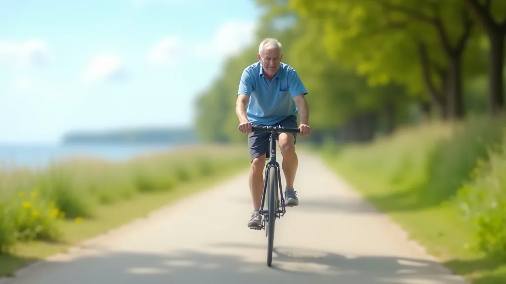 Senior cyclists riding on a flat coastal path near the Baltic Sea