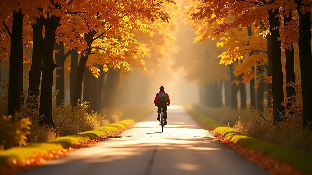 Autumn forest cycling scene with golden and red leaves, cyclist riding on paved path, warm natural sunlight filtering through trees, peaceful atmosphere