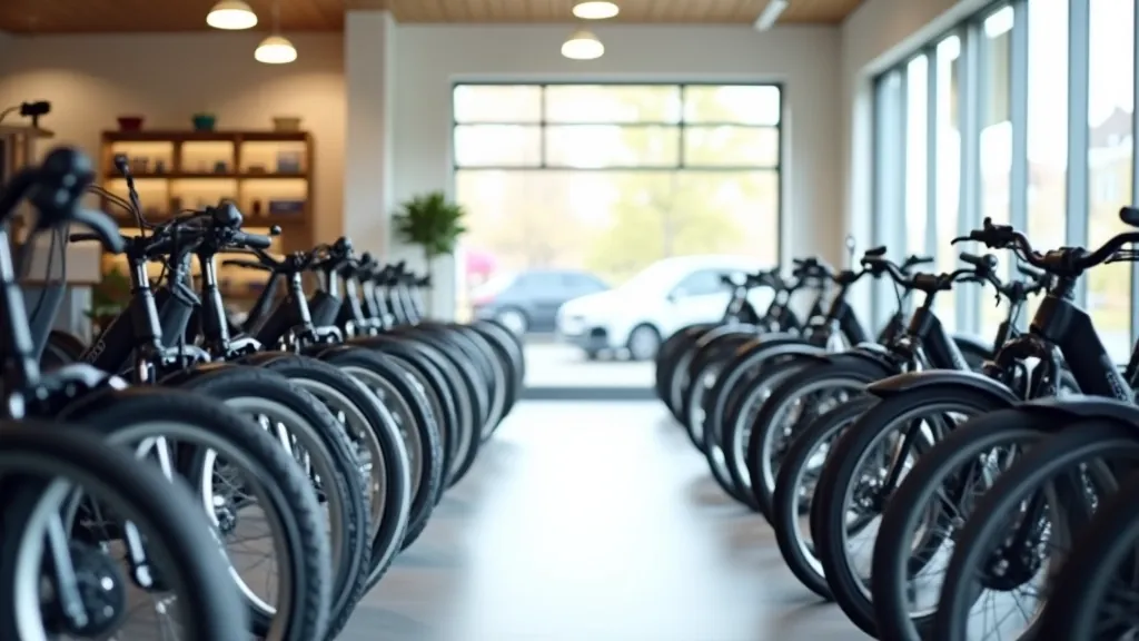 Interior of e-bike rental shop with multiple electric bikes displayed, professional bike shop environment with helpful staff