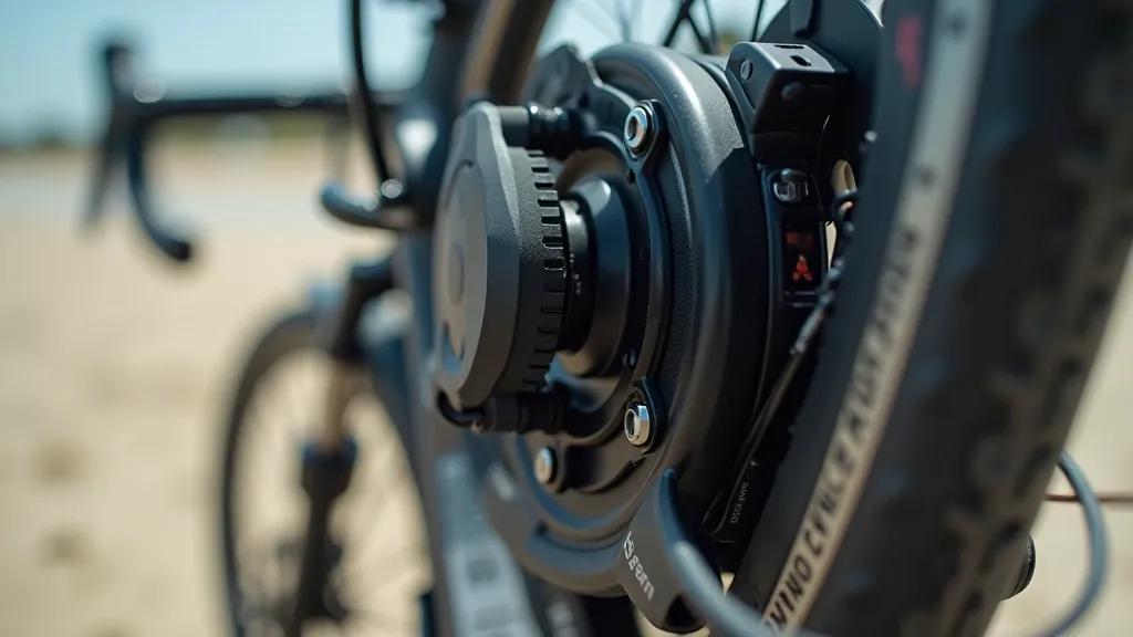 Close-up professional photo of electric bike motor and battery components mounted on modern e-bike frame, detailed view of mechanical parts