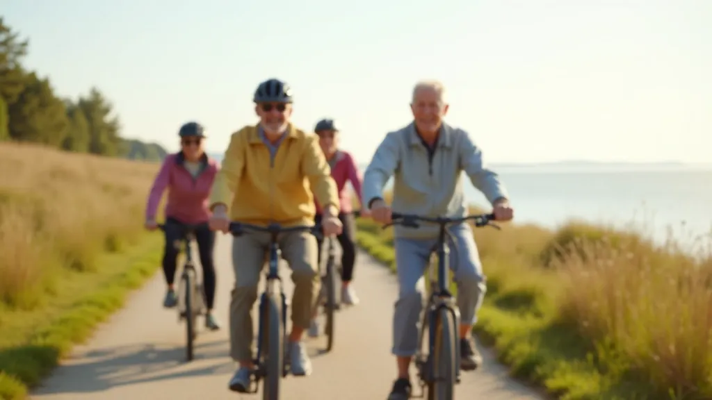 Group of seniors cycling together on coastal path