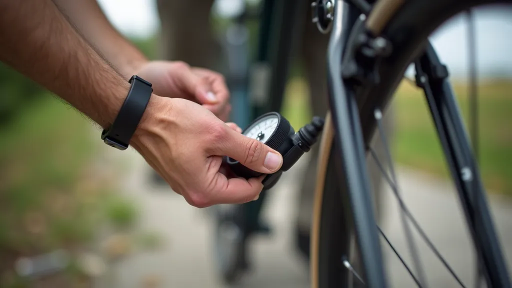 Close-up of bicycle tire being checked with hand, measuring air pressure, outdoor bike maintenance
