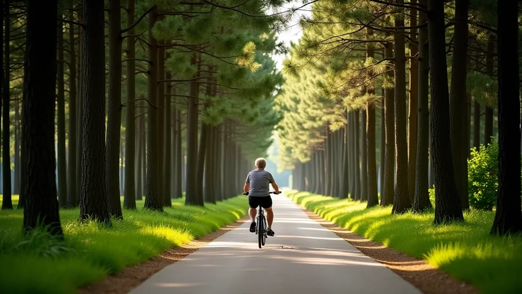 Scenic forest section of Riga-Jūrmala bike path with tall pine trees creating natural tunnel, dappled sunlight, smooth paved surface
