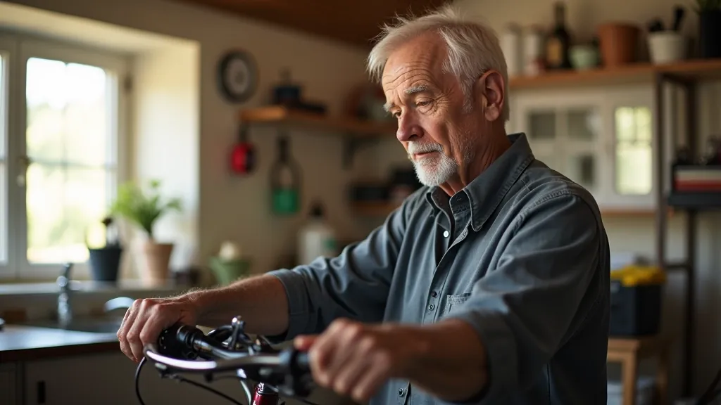 Senior cyclist performing basic bike maintenance