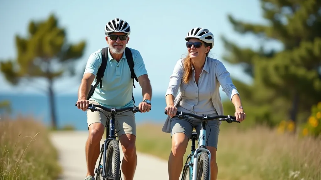 Senior cyclists riding on a scenic flat path along the Baltic coast with pine trees and sea views in the background