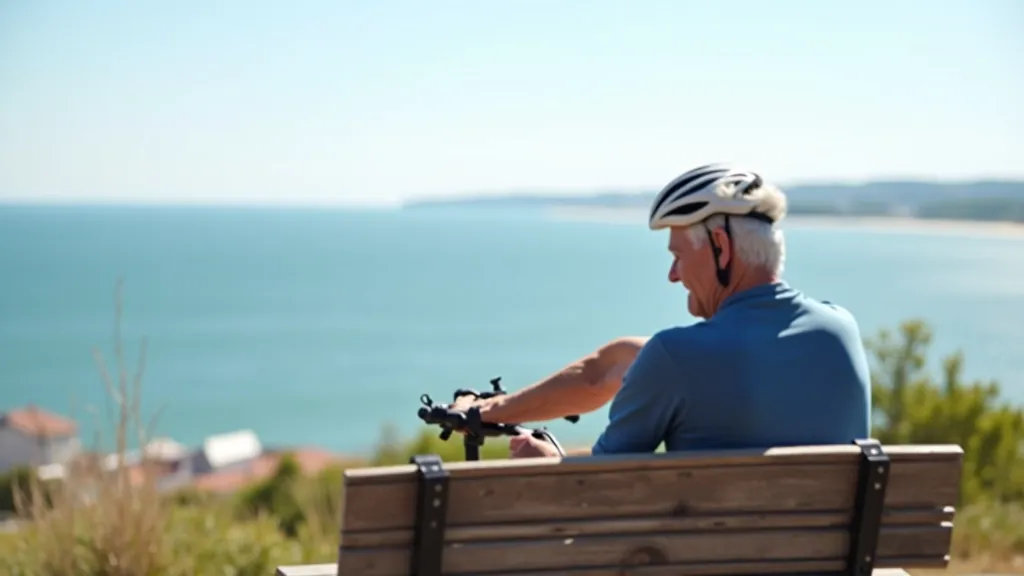 Seniors resting at scenic overlook point along coastal path, taking a break during group ride
