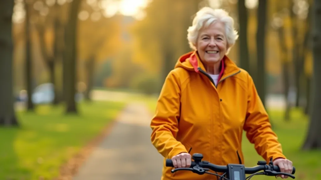 Senior woman aged 65+ fully clothed in bright casual jacket, smiling while standing next to an electric bike in outdoor park setting, morning light